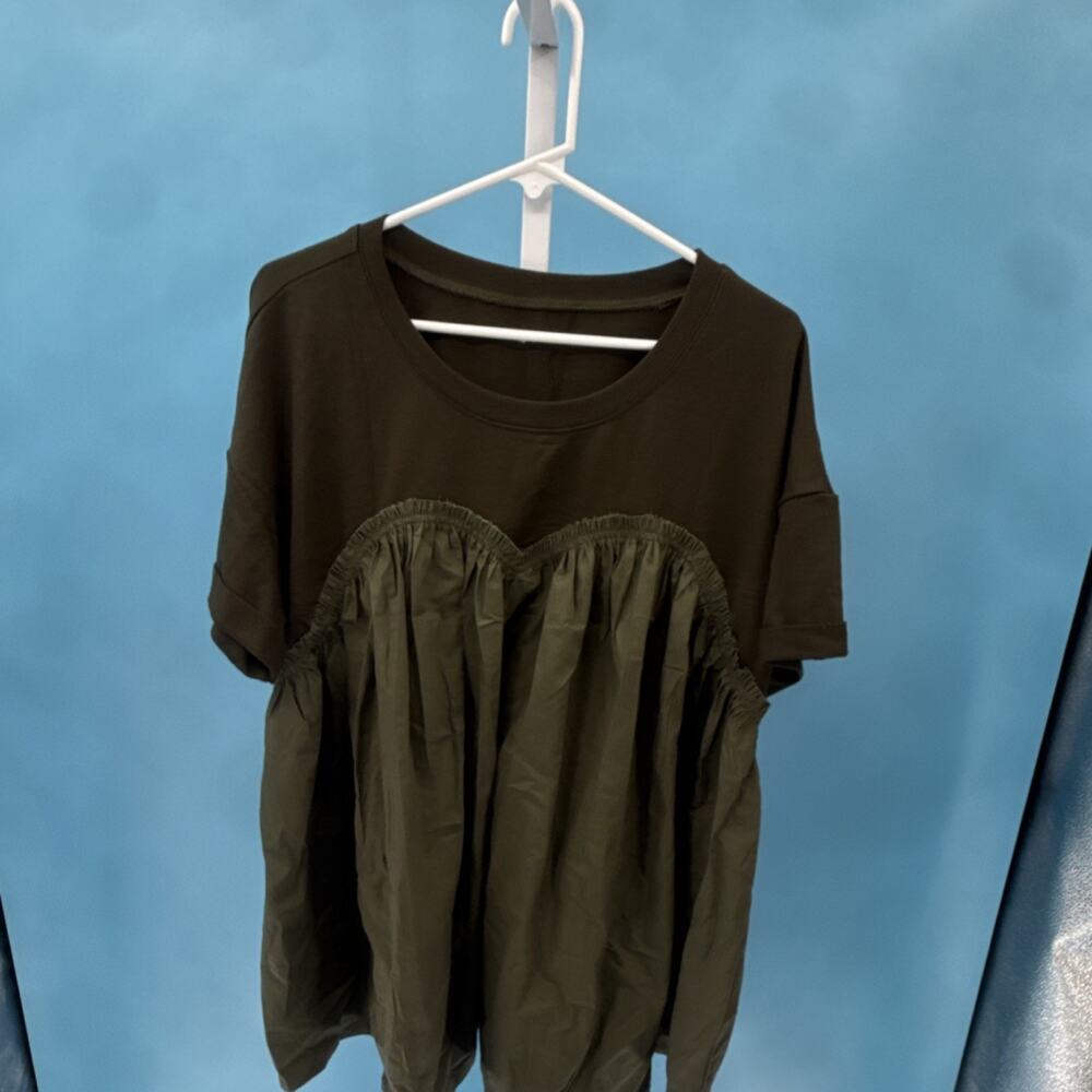Women's Dark Green Crew Neck Pleated Blouse Short Sleeve Cotton Size S